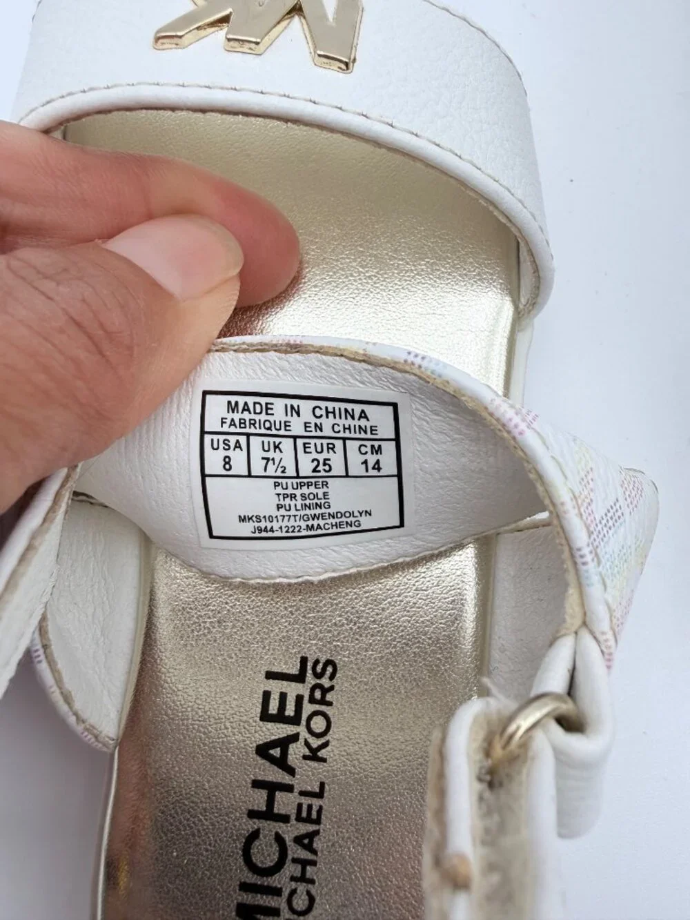 Michael Kors Girls Gold White Sandals MK Logo  Adjustable Straps Size 8